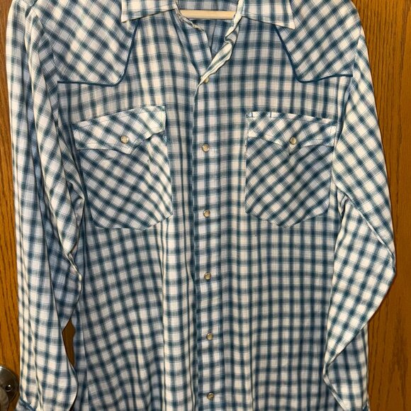 Levi's Plaid Shirt Size Medium Blue White Black Cowboy Western Pearl Snap - Picture 1 of 5